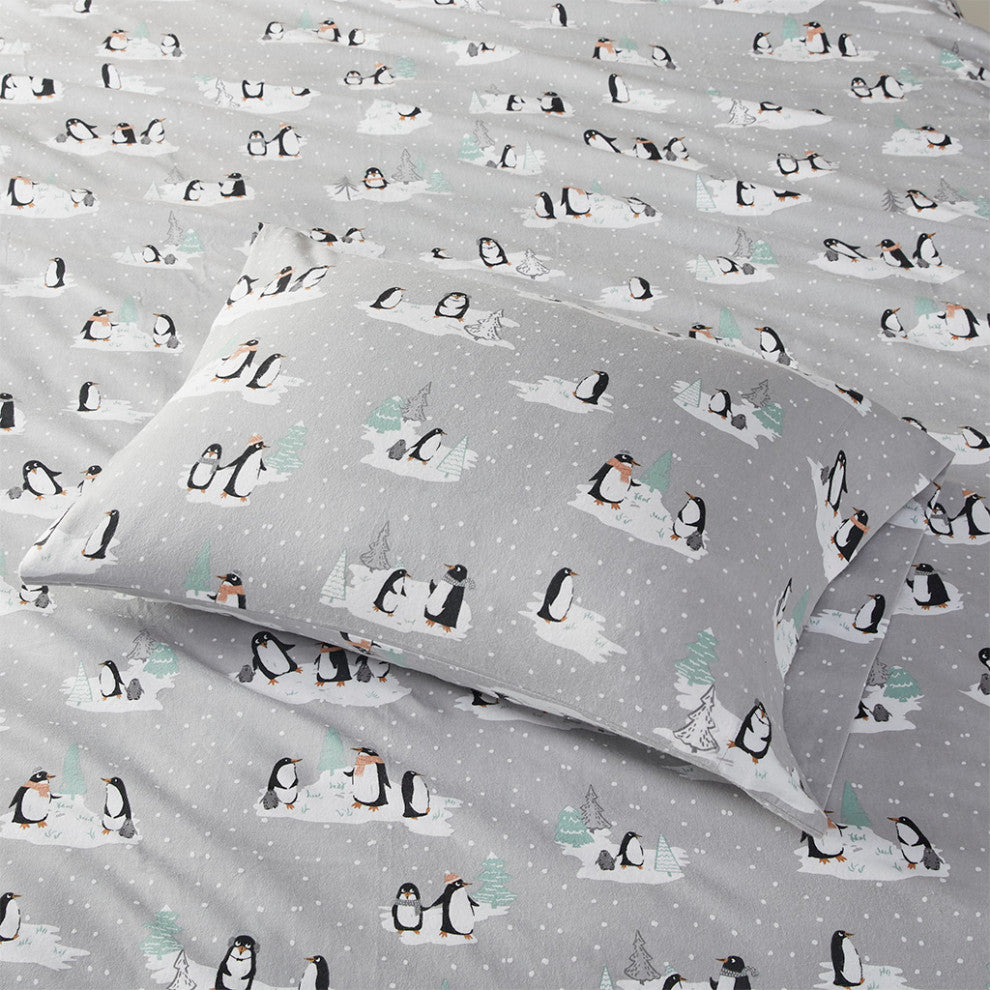 True North by Sleep Philosophy Cotton Flannel Kids Sheet Set, Grey Penguins