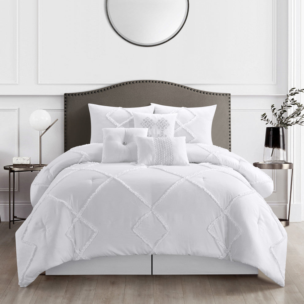 Alissar 7 Piece Comforter Set, White, King