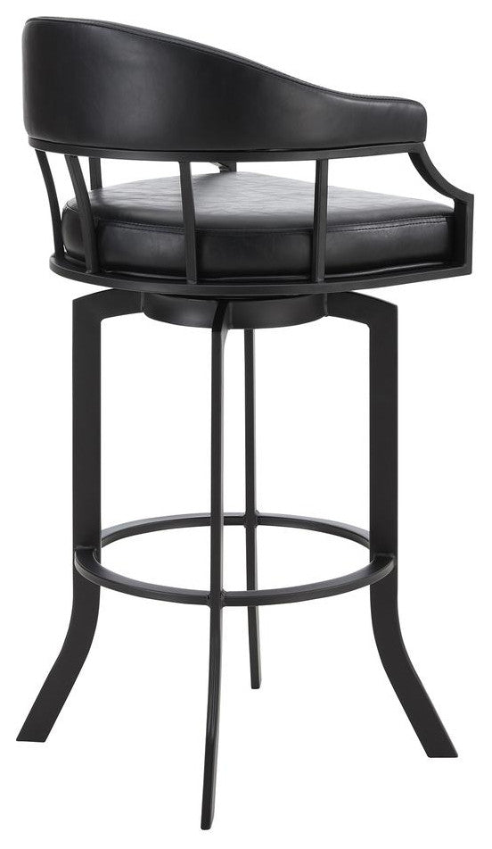 Pharaoh Swivel 26 Black Powder Coated and Black Faux Leather Metal Bar Stool