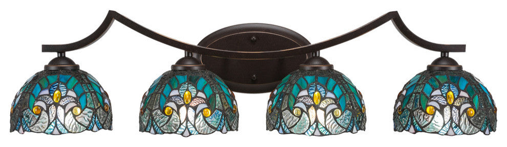 Zilo 4 Light Bath Bar, Dark Granite Finish, 7" Turquoise Cypress Tiffany Glass