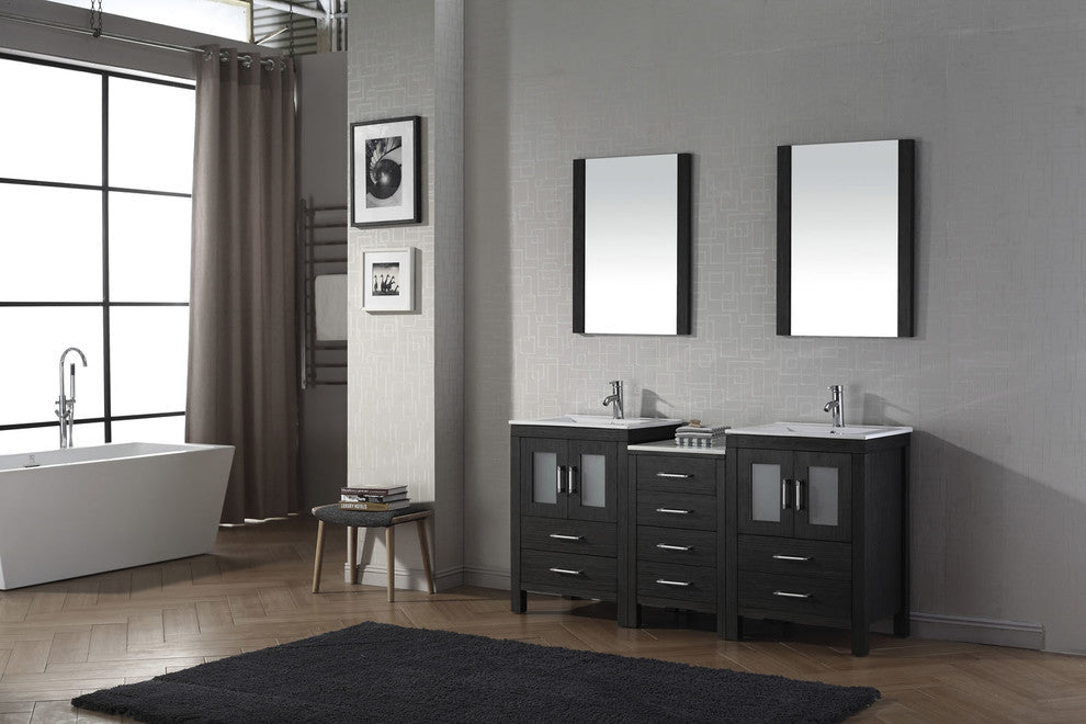 Virtu Dior 74" Double Bathroom Vanity, Zebra Gray, Faucet, Mirrors
