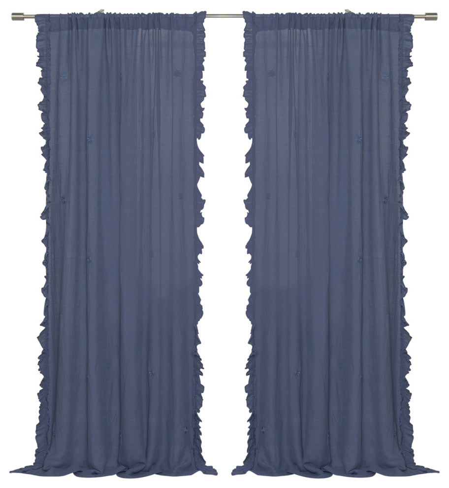 Sheer Side Ruffle French Linen Curtain, Indigo