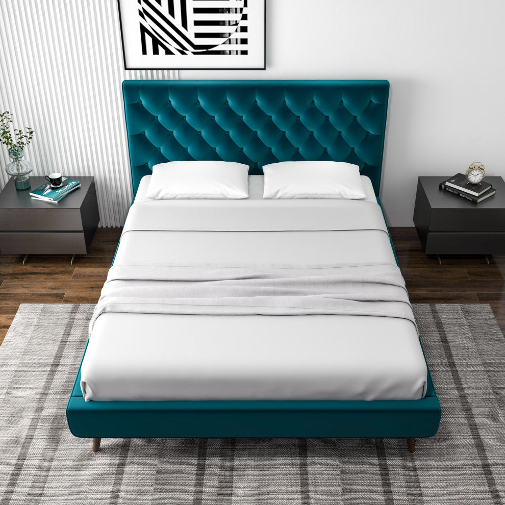 Ashley Midcentury Velvet Tufted Solid Wood Platform Bed, Teal, Queen