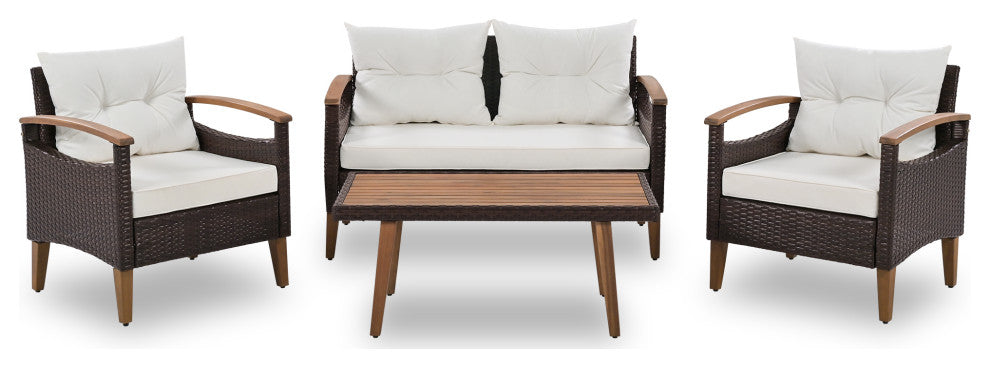4-Piece Outdoor Wicker Patio Sofa Set with Wood Table and Removable Cushions, Beige