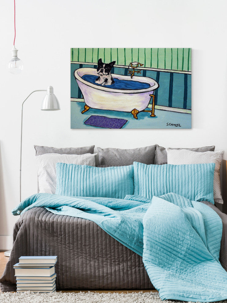 "Boston Terrier Bath" Painting Print on Wrapped Canvas, 36"x24"