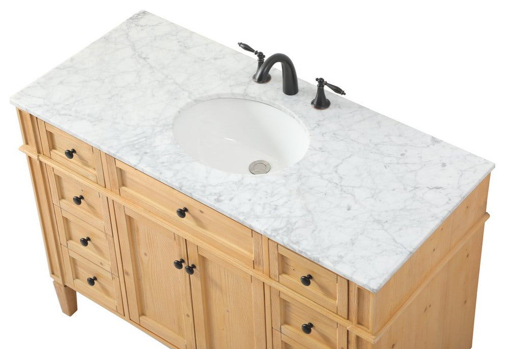 Home Living Vanity with Carrara White Marble Countertop, Natural Wood, 48", Single Sink