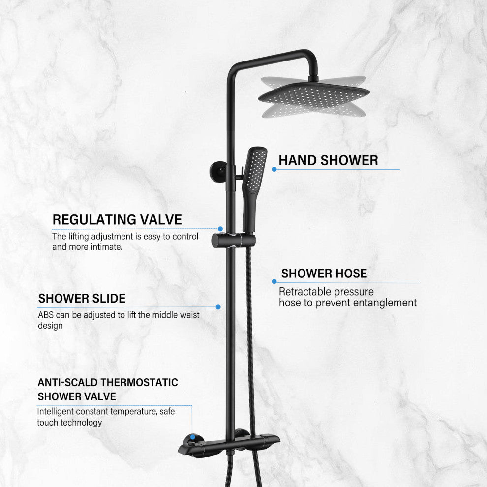 Exposed shower set With rain shower head and hand shower, Matte Black