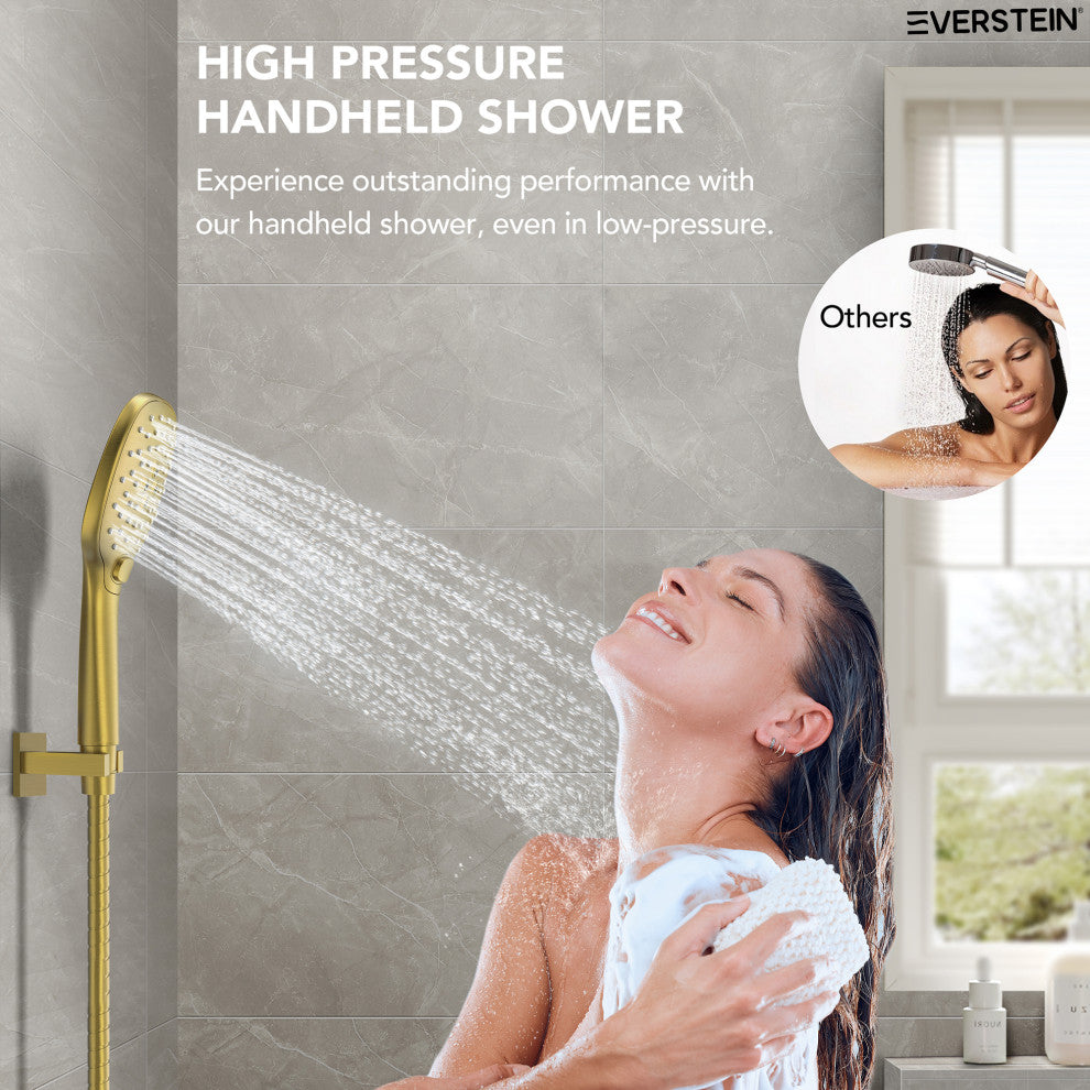 Pressure Balanced Shower System with 3-Setting Hand Shower, Brushed Gold, 10"