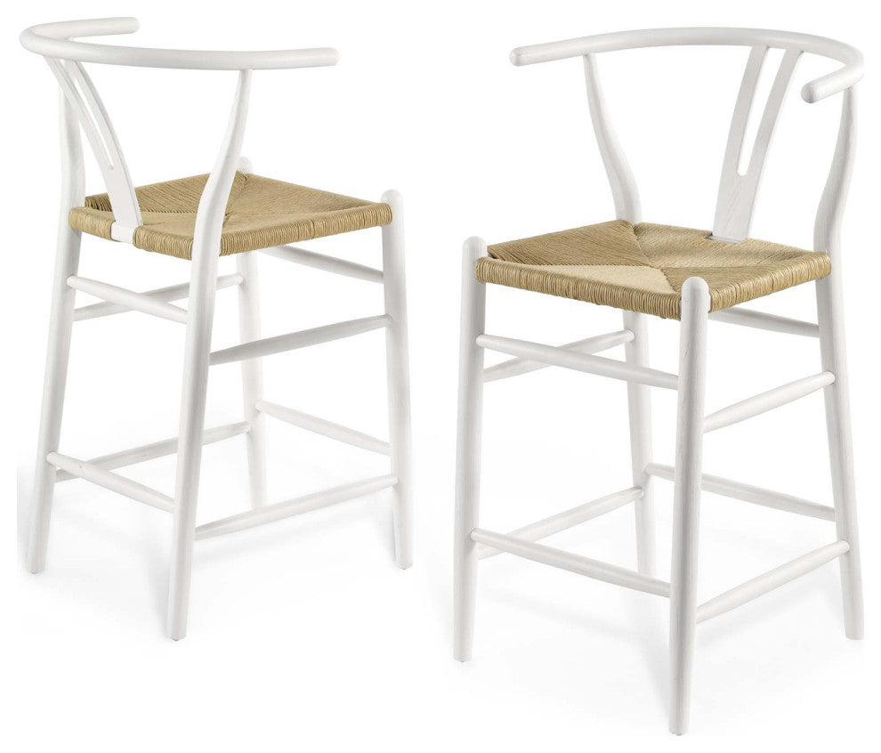Counter Stool Chair, Set of 2, Wood, White, Modern, Bar Cafe Bistro Restaurant