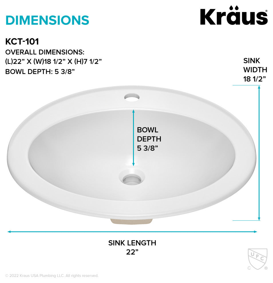 KRAUS Elavo 22 in. Oval Porcelain Ceramic Self-Rimming Drop, Bathroom Sink