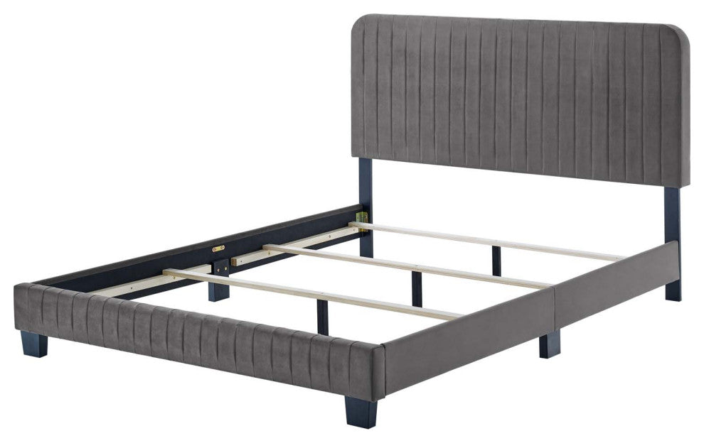 Tufted Platform Bed Frame, Full Size, Velvet, Grey Gray, Modern Contemporary
