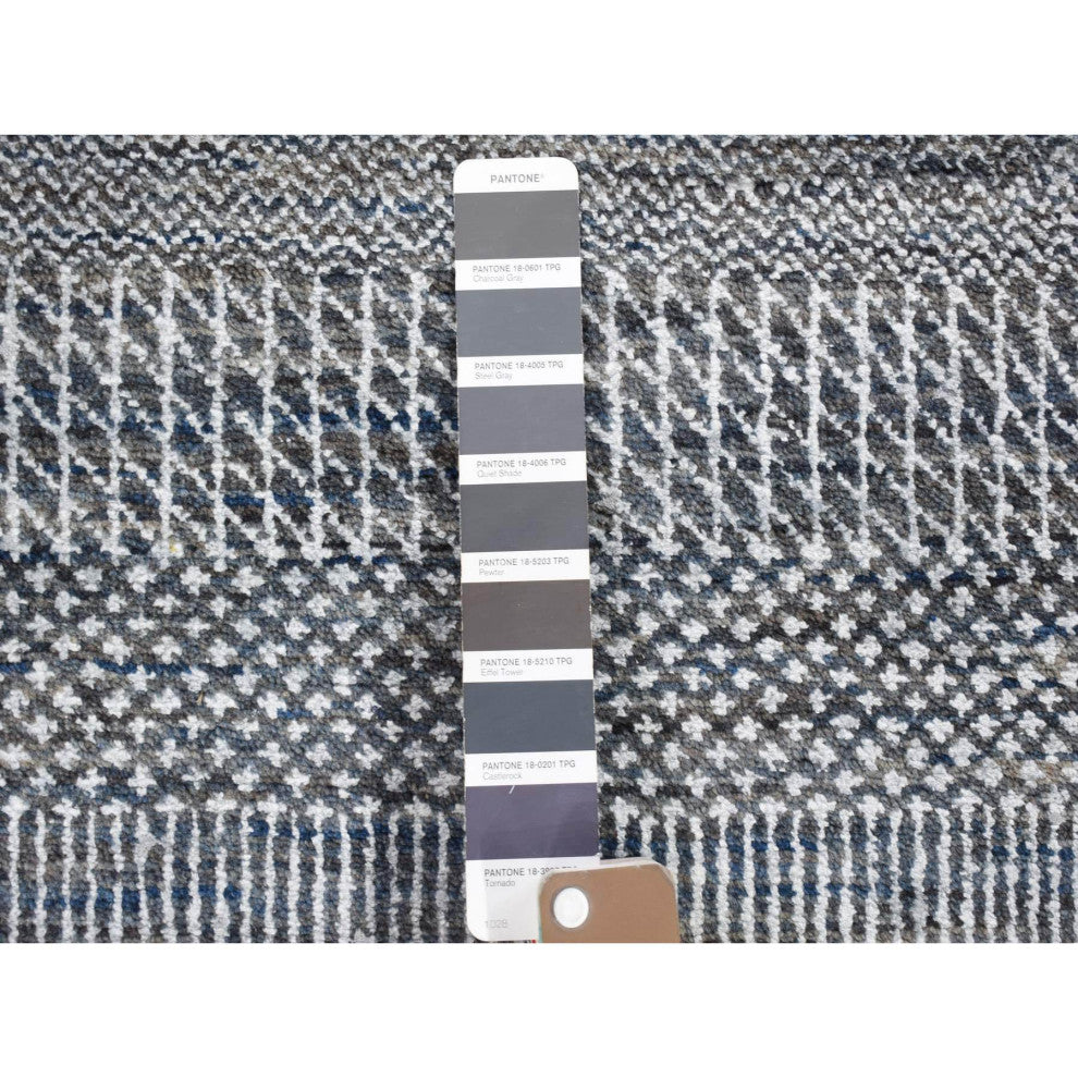 Black, Modern Grass Design, Hand Knotted Wool and Silk Runner Rug, 2'7"x14'1"