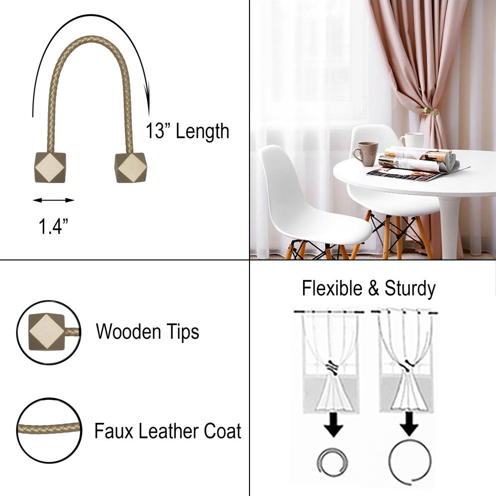 Faux Leather Curtain Tiebacks with Wooden Tips "“ No Installation Needed, Gold, Pack of 2