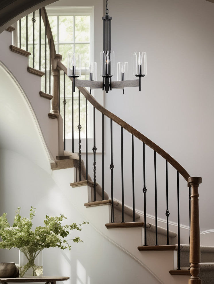 Kira Home Winston 26" Farmhouse Dining Room Chandelier, Cylinder Glass Shades