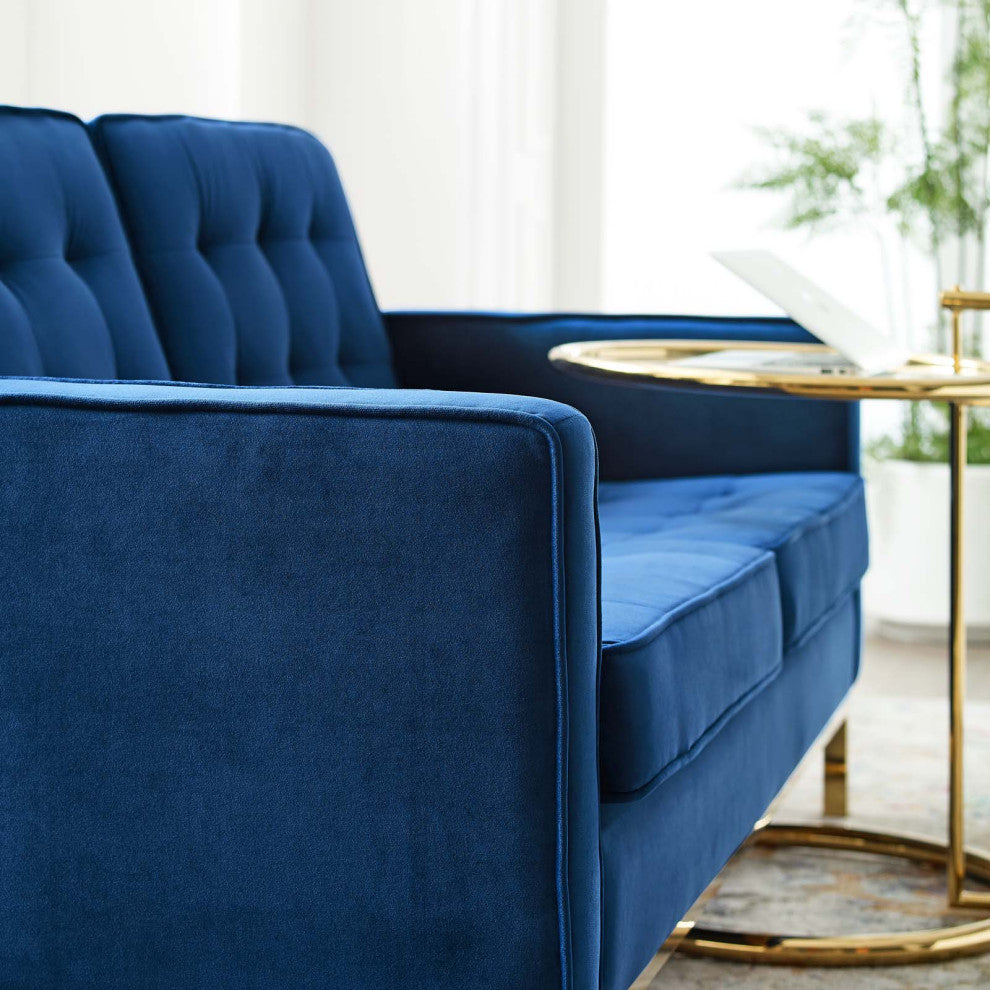 Loft Gold Stainless Steel Leg Performance Velvet Loveseat Gold Navy