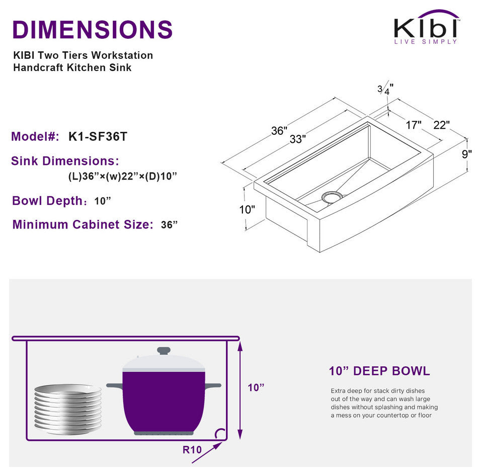 KIBI Farmhouse Apron Single Bowl Stainless Steel Workstation Kitchen Sink, 36"