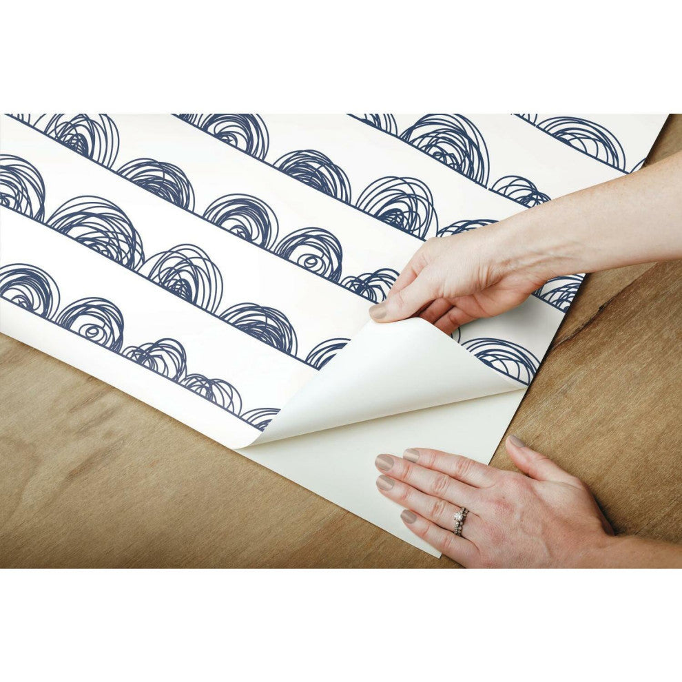 White & Indigo Doodle Scallop Peel & Stick Wallpaper