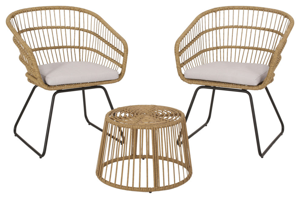 Edson Outdoor Wicker 2 Seater Chat Set With Cushion, Light Brown