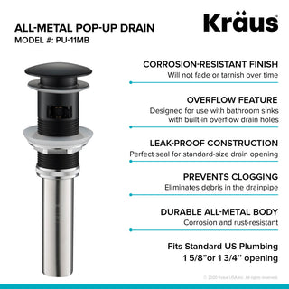 Pop Up Drain With Overflow, Matte Black