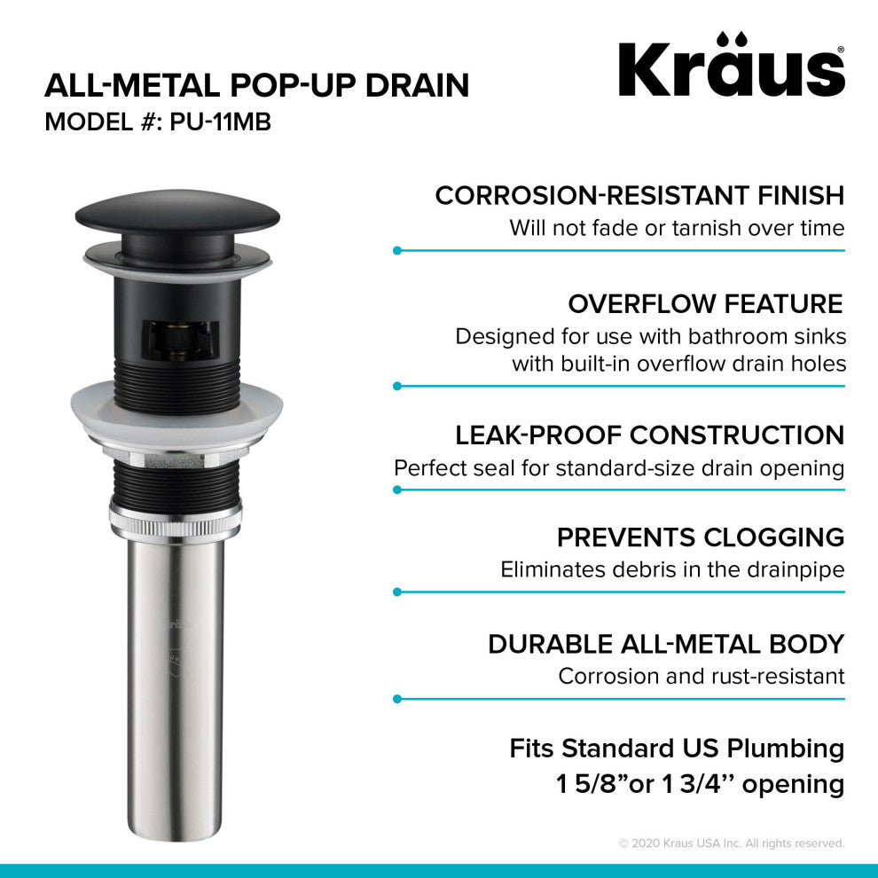 Pop Up Drain With Overflow, Matte Black