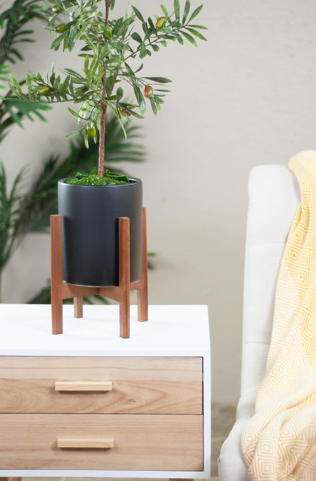 Small Ceramic Pot Cylinder Pot 6"Black With Wood Plant Stand Walnut Color