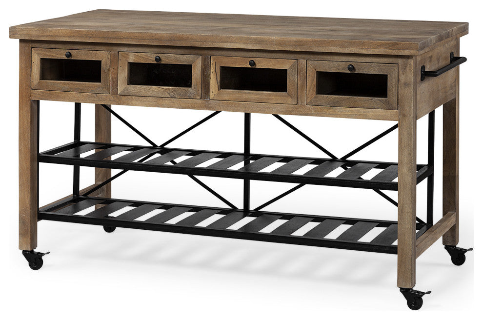 Brown Solid Wood Top Kitchen Island With Two Tier Black Metal Rolling
