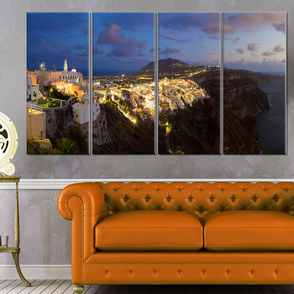 "Thira Santorini Greece Panorama" Landscape Print Wall Art, 4 Panels, 48"x28"