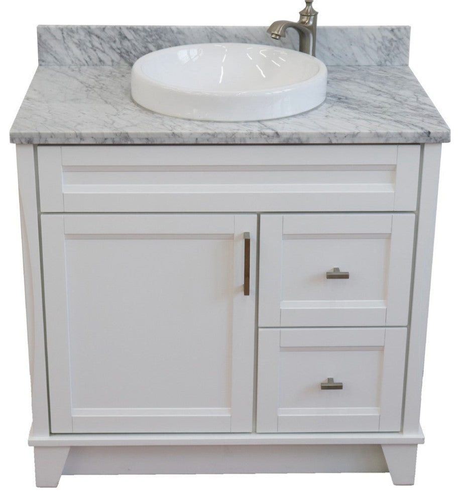 37" Single Sink Vanity, White Finish With White Carrara Marble