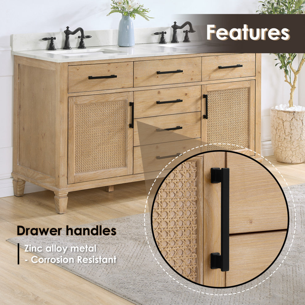 Solana Bathroom Vanity with Calacatta White Quartz Stone Countertop, Weathered Fir, 60", Without Mirror