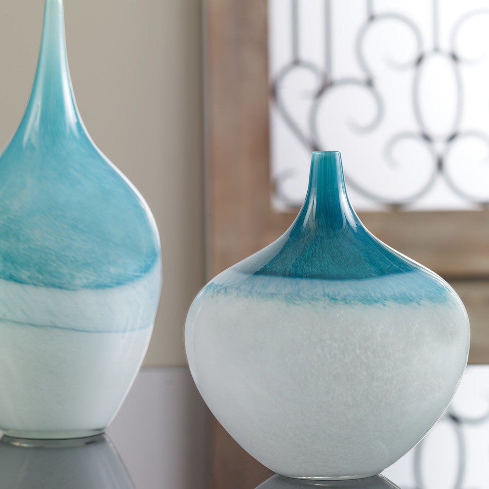 Large Teardop Shape Glass Vase Set, Blue Green Turquoise Elegant Sculpted