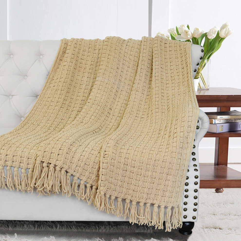Space Yarn Knitted Throw, Light Camel, 60" X 80"