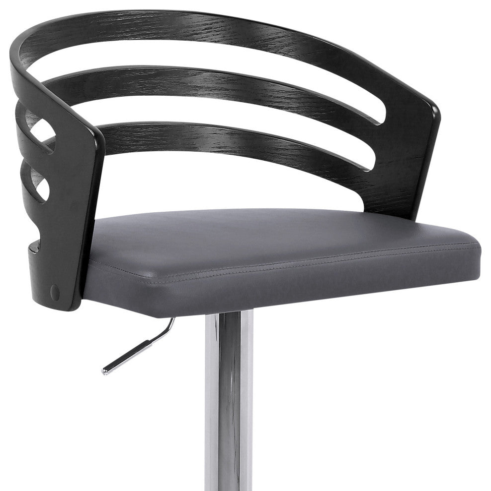 Gray Faux Leather Black Wood and Chrome Adjustable Swivel Bar Stool