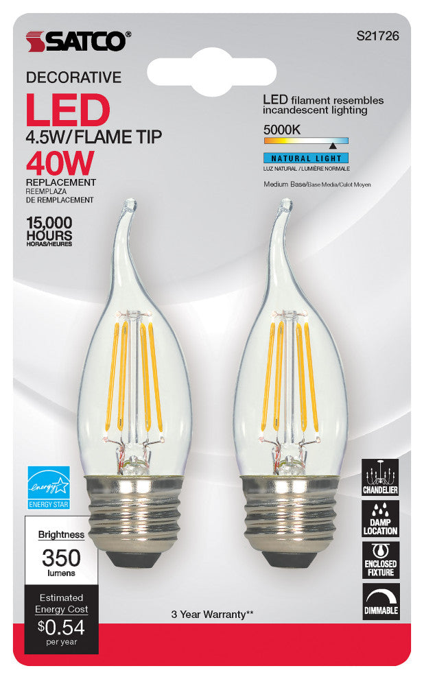4.5W CA10 LED, Clear, Medium Base, 5000K, 120V, 2-Card