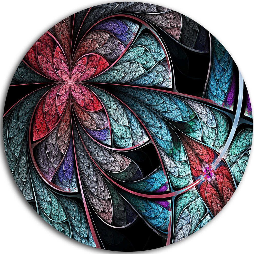 Turquoise And Red Fractal Flower Pattern, Floral Round Artwork, 36"