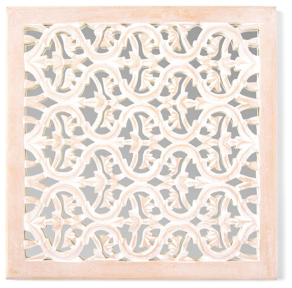 Decorative Whitewashed Carved Wood Square Mirrored Wall Panel