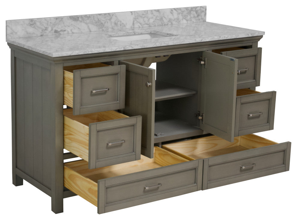 Paige 60" Bathroom Vanity, Weathered Gray, Carrara Marble, Single Sink
