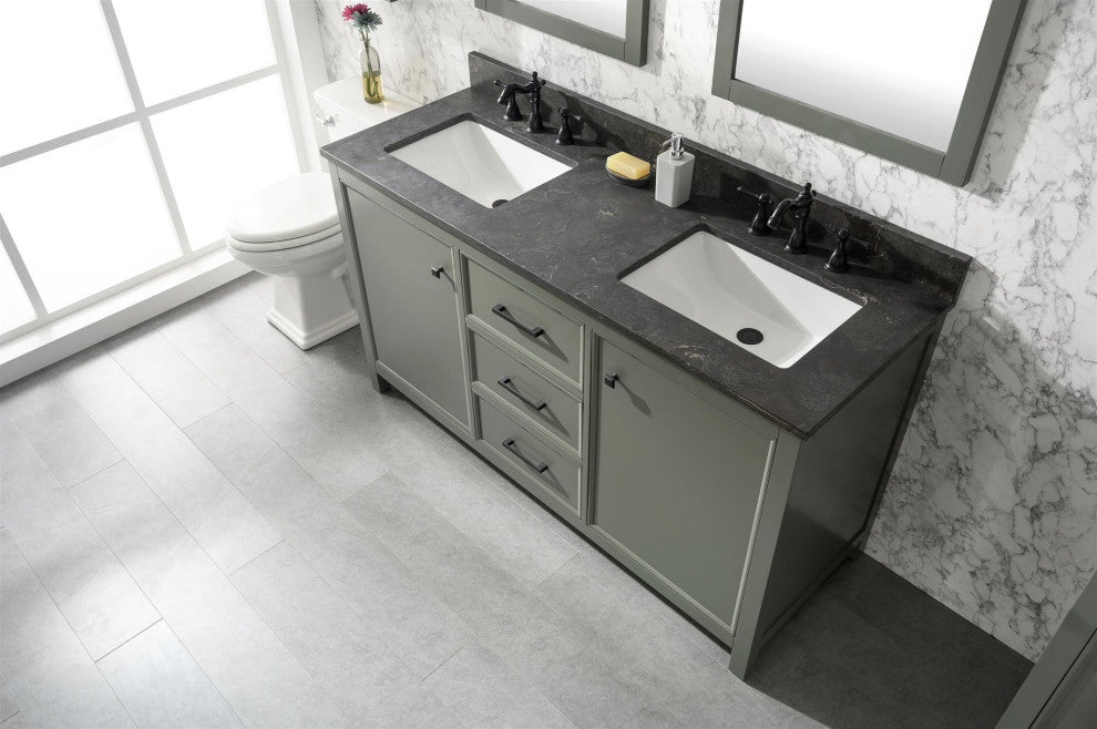 60" Double Sink Vanity Cabinet, Carrara White Top, Pewter Green