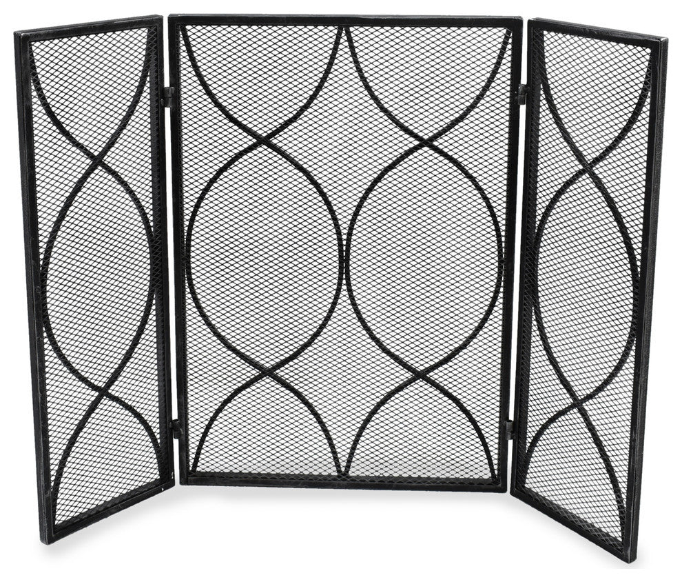 Laylah Modern Three Panel Iron Firescreen, Black Silver Finish