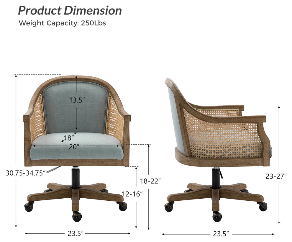Xaver Farmhouse Home Office Desk Task Chair With Rattan Arms, Blue
