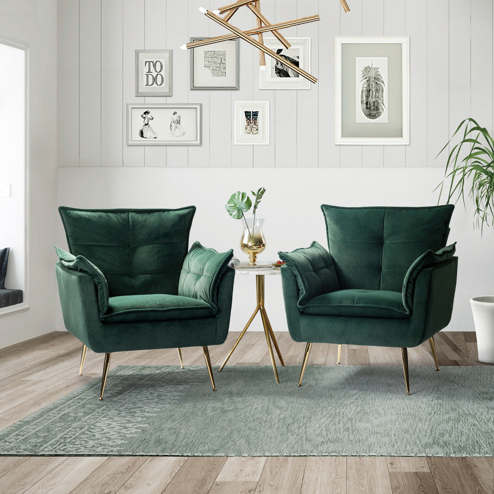 Contemporary Velvet Armchair Set of 2, Green