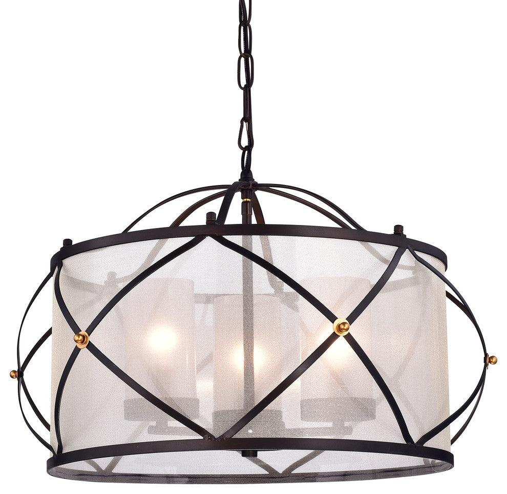 Merga 3-Light Oil Rubbed Bronze Wrought Iron Drum Ivory White Shade Chandelier