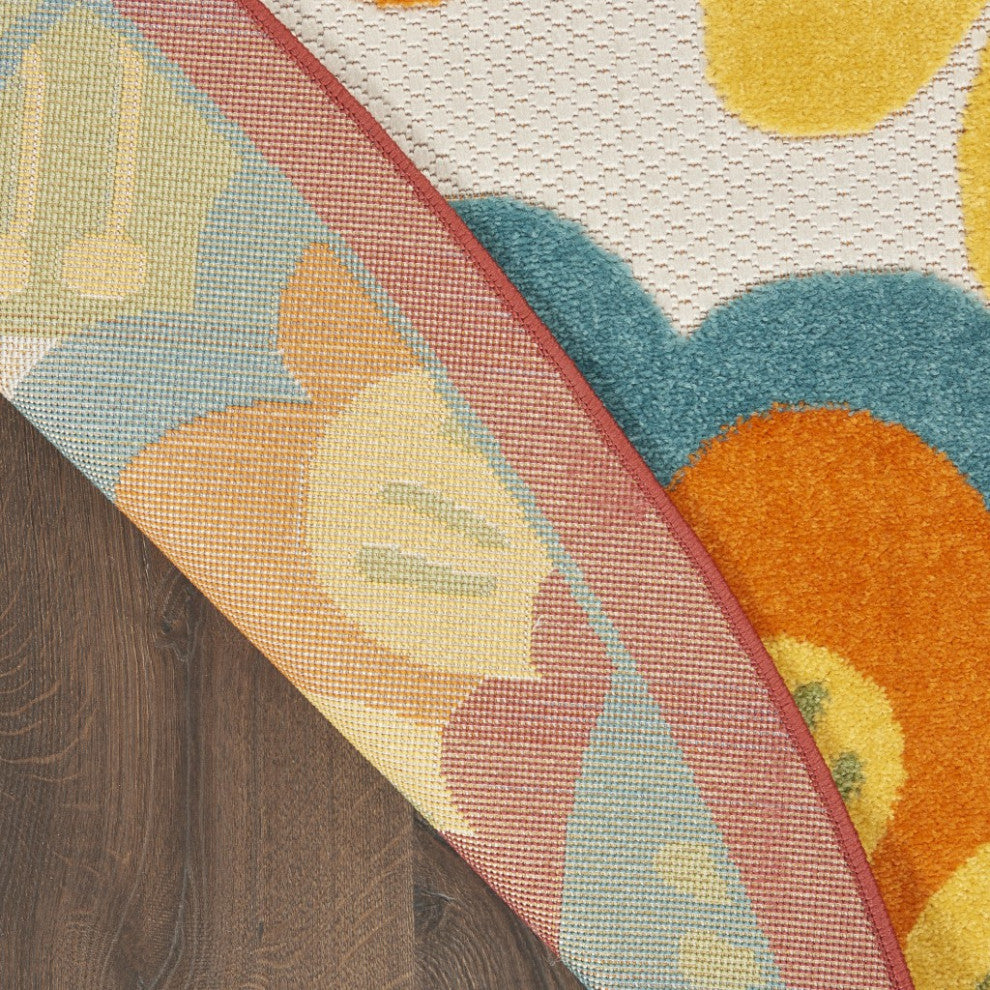 8' Round Yellow And Ivory Round Floral Indoor Outdoor Area Rug