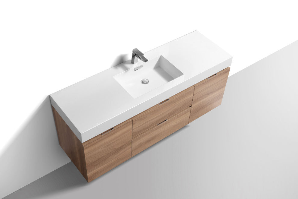 Bliss 60'' Wall Mount Single Sink Modern Bathroom Vanity, Honey Oak