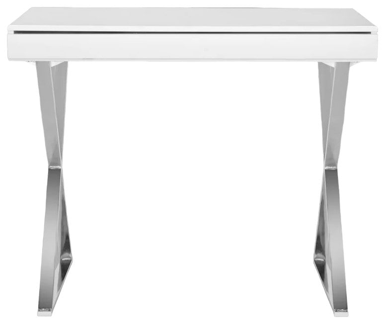 Contemporary Desk, X-Shaped Chrome Legs & Thin Pull Down Compartment, White