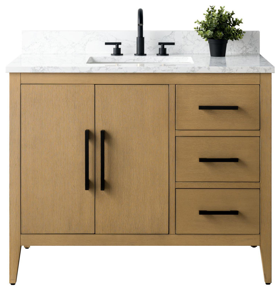 Vanity Art Bathroom Vanity With Sink, Natural Oak, 42", Single Sink, Matte Black