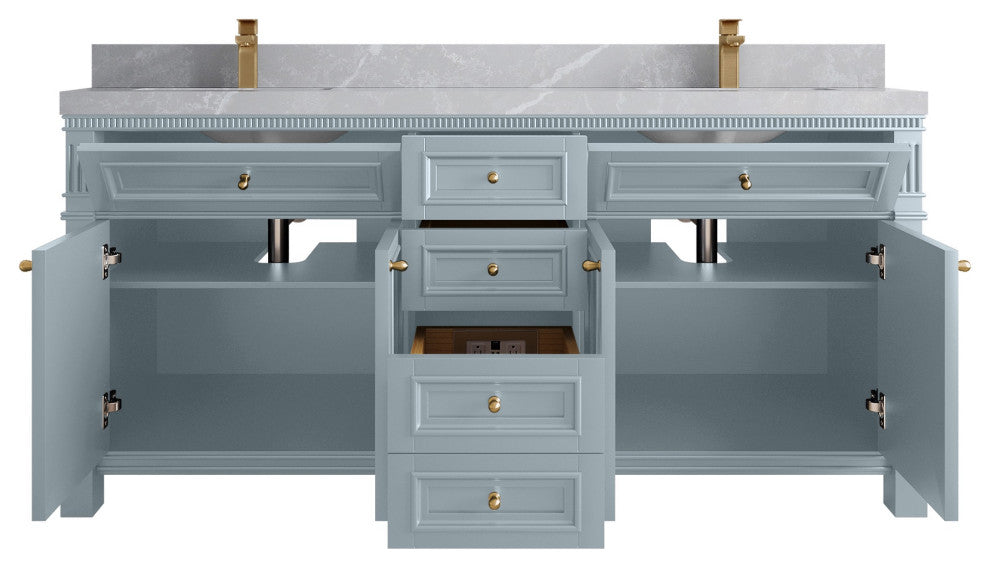Paris 72" Double Sink Bathroom Vanity, Blue Heather 2" Pearl Gray