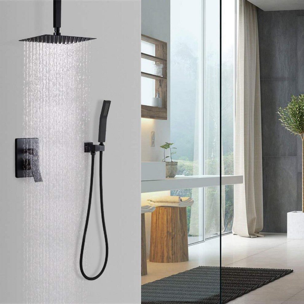 Ceiling Mounted Shower System Set With 16" Rain Shower Head, Matte Black