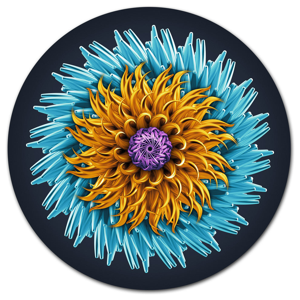 Yellow Blue Abstract 3D Flower, Flowers Disc Metal Artwork, 23"