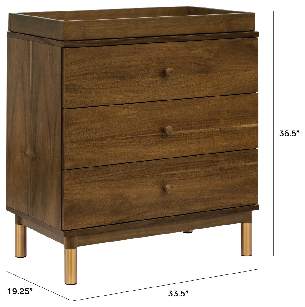 Gelato 3-Drawer Changer Dresser With Removable Changing Tray, Natural Walnut & Gold Feet