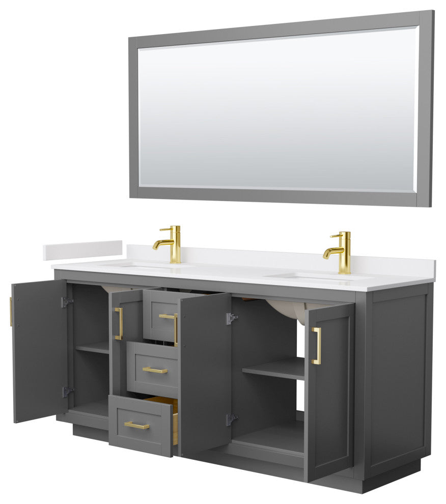 72"DBL Vanity Dark Gray, White Cult. Marble Top, Sinks, Gold Trim, 70"Mirror